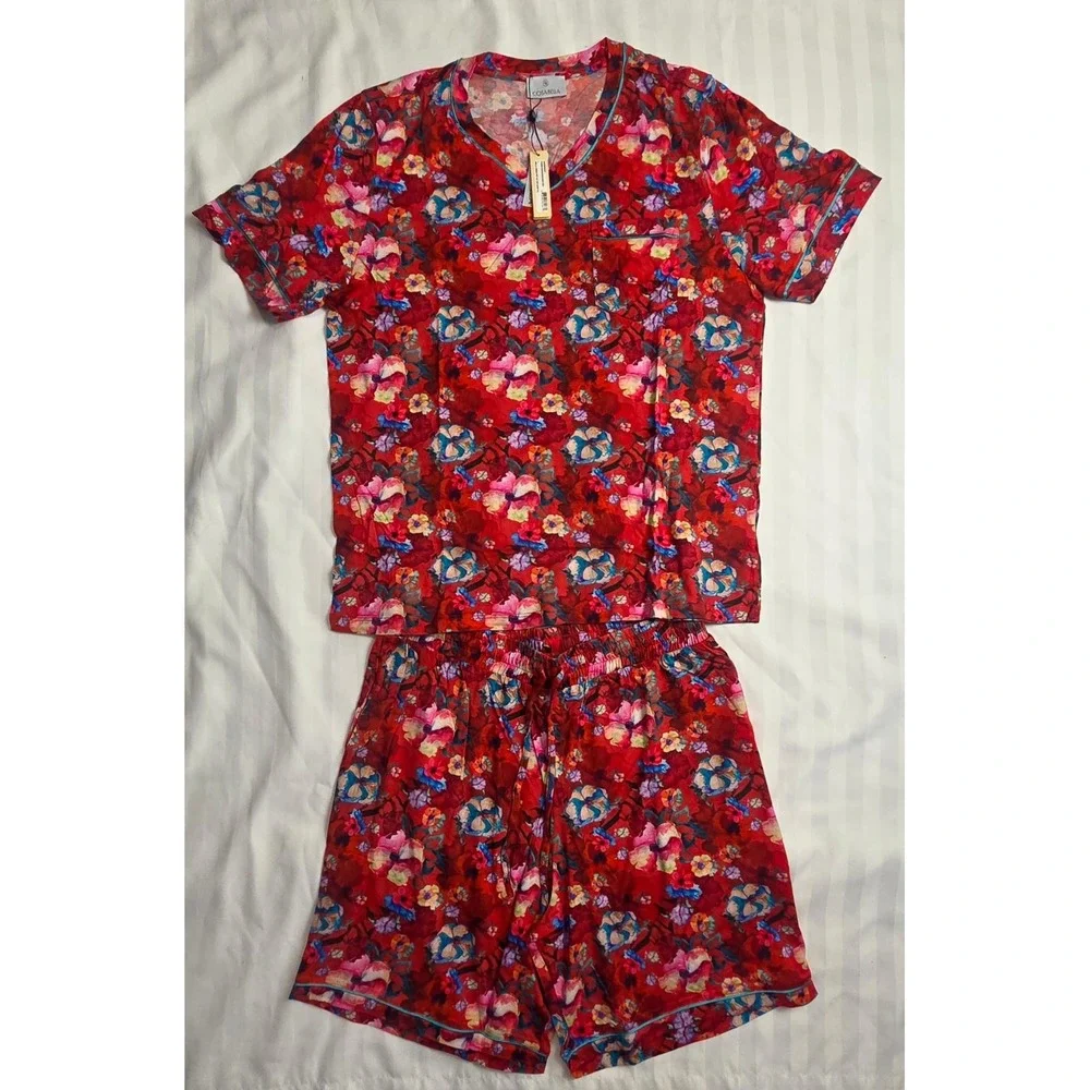 Cosabella Modal Cotton Printed‎ Short Sleeve Top Shorts Longe Set Red Mens S